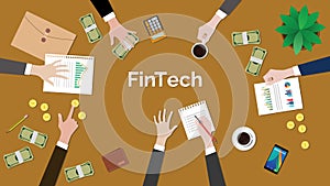 Fintech financial technology concept discussion illustration with meeting situation with paperworks, money, coins and