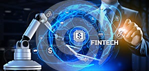FINTECH Financial technology online banking e-payment. 3d render cobot robotic arm