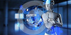 Fintech financial technology online payment digital economy concept. Robot pressing button on screen 3d render