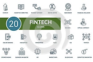 Fintech icon set. Collection contain virtual currency, hackathon, crowdfunding, cognitive computing and over icons. Fintech