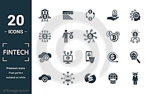 Fintech icon set. Include creative elements online banking, direct payment, fintech, cryptocurrency, fintech industry icons. Can photo