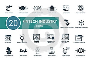 Fintech Industry icon set. Collection contain robo advisor, peer-to-peer, fintech innovation, digital wallet and over icons. photo