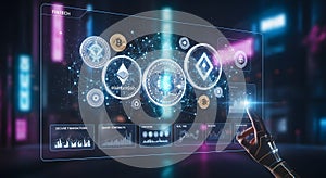 Fintech Interface Displaying Cryptocurrency Data with Touch Interaction Modern Finance Technology