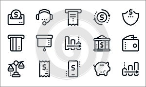 fintech line icons. linear set. quality vector line set such as arrow, mobile banking, unbalanced, save money, bill, money