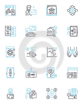Fintech linear icons set. Cryptocurrency, Blockchain, Payments, Insurtech, Lending, Robo-advisors, Crowdfunding line