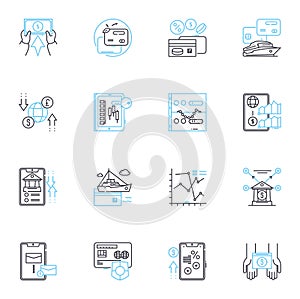 Fintech linear icons set. Cryptocurrency, Blockchain, Payments, Insurtech, Lending, Robo-advisors, Crowdfunding line