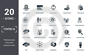 Fintech set icons collection. Includes simple elements such as Online Banking, Emerging Market, Direct Payment, Digital Native,