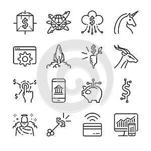 Fintech and Startup vector line icon set. Included the icons as unicorn, fintech, finance app, cryptocurrency and more. photo