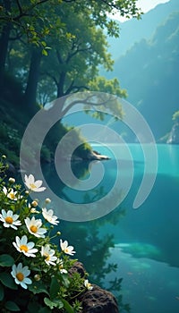 Fiori bianchi e foglie blu oro su un lago di acqua con uno sfondo scuro  ombre  foglie photo