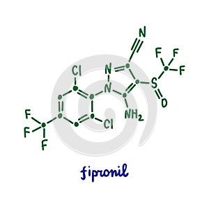 Fipronil hand drawn vector formula chemical structure lettering blue green photo
