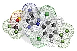 Fipronil insecticide molecule. 3D rendering. Atoms are represented as spheres with conventional color coding: hydrogen white,. photo