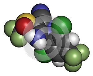 Fipronil insecticide molecule. 3D rendering. Atoms are represented as spheres with conventional color coding: hydrogen white,. photo