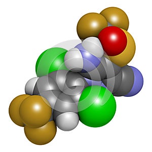 Fipronil insecticide molecule. 3D rendering. Atoms are represented as spheres with conventional color coding: hydrogen (white), photo
