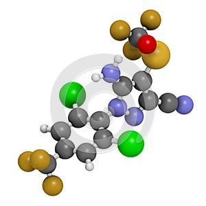 Fipronil insecticide molecule. 3D rendering. Atoms are represented as spheres with conventional color coding: hydrogen (white), photo