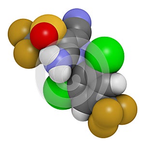 Fipronil insecticide molecule. 3D rendering. Atoms are represented as spheres with conventional color coding: hydrogen (white), photo