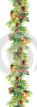 Fir border - christmas tree branches, cones, mistletoe, red bird. Watercolor frame