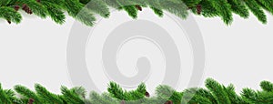 Fir branch border. Pine tree Christmas decoration frame isolated, realistic 3d horizontal pattern, winter holiday