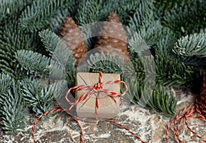 Fir branch with cones and a gift box on a sodden background.