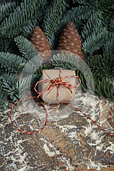 Fir branch with cones and a gift box on a sodden background.