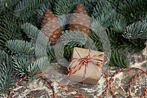 Fir branch with cones and a gift box on a sodden background.