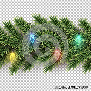 Fir branch with light bulb garland horizontal seamless pattern on transparent background. Vector Christmas and New Year