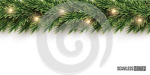 Fir branch with light bulb garland horizontal seamless pattern. Vector seamless Christmas tree background.