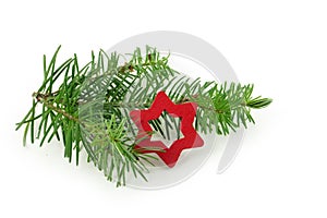 Fir branch with small red christmas star, isolated on white back