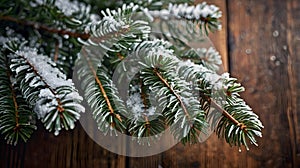 Fir Branch with Snow on Rustic Wood â Winter Elegance photo