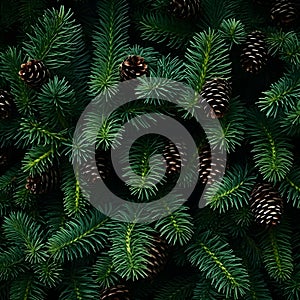 Fir branches and cones green needle abstract background.