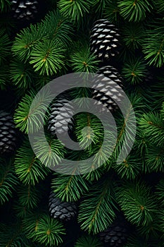 Fir branches and cones green needle abstract background Christmas pattern texture.