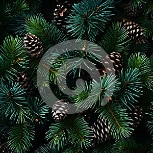 Fir branches and cones green needle abstract background Christmas texture..