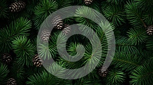 Fir branches and cones green needle abstract background Christmas texture. Horizontal composition