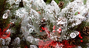 Fir branches and cones and red mountain ash covered with artificial snow Traditional winter background