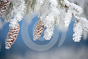 Fir branches with cones in white frost