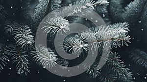 Fir branches covered with hoarfrost on a dark background. Generative AI