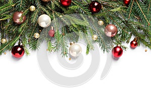 Fir branches with  decorations on white background, flat lay