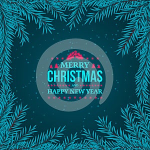 Fir branches frame on the dark blue background. New Year 2018 and Merry Christmas typographical vintage badge