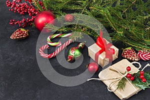 Fir branches, lollipops, cones, gift, red balls, box, red ribbon, Christmas