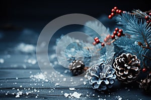 fir branches and pine cones on blue background with snow for a Christmas greeting card for new year