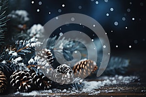 fir branches and pine cones on blue background with snow for a Christmas greeting card for new year