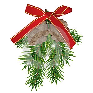 Fir branches and pine cones with red bow isolated on white background. Christmas and New year decoration. Vector