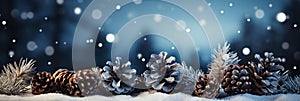 fir branches and pine cones in snow on a blue background in winter for Christmas greeting card for new year