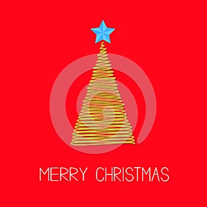 Fir Christmas tree with star. Scribble effect Merry Christmas card Flat design