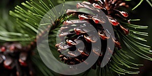 Fir or pine branch with cones close-up with raindrops. Generative AI