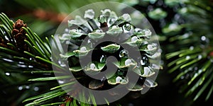 Fir or pine branch with cones close-up with raindrops. Generative AI