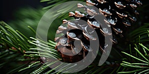 Fir or pine branch with cones close-up with raindrops. Generative AI