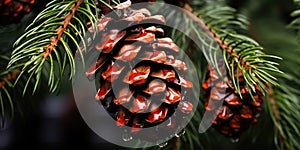 Fir or pine branch with cones close-up with raindrops. Generative AI