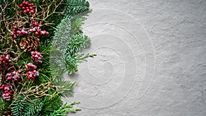 Fir ranches with Christmas berries on grey stone background