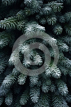 Fir and spruce branches covered with frost abstract background.