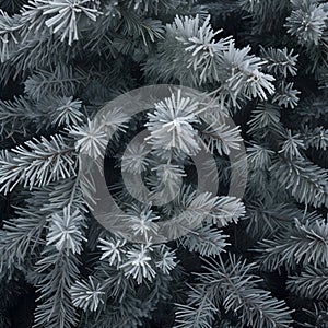 Fir and spruce branches covered with frost abstract background.